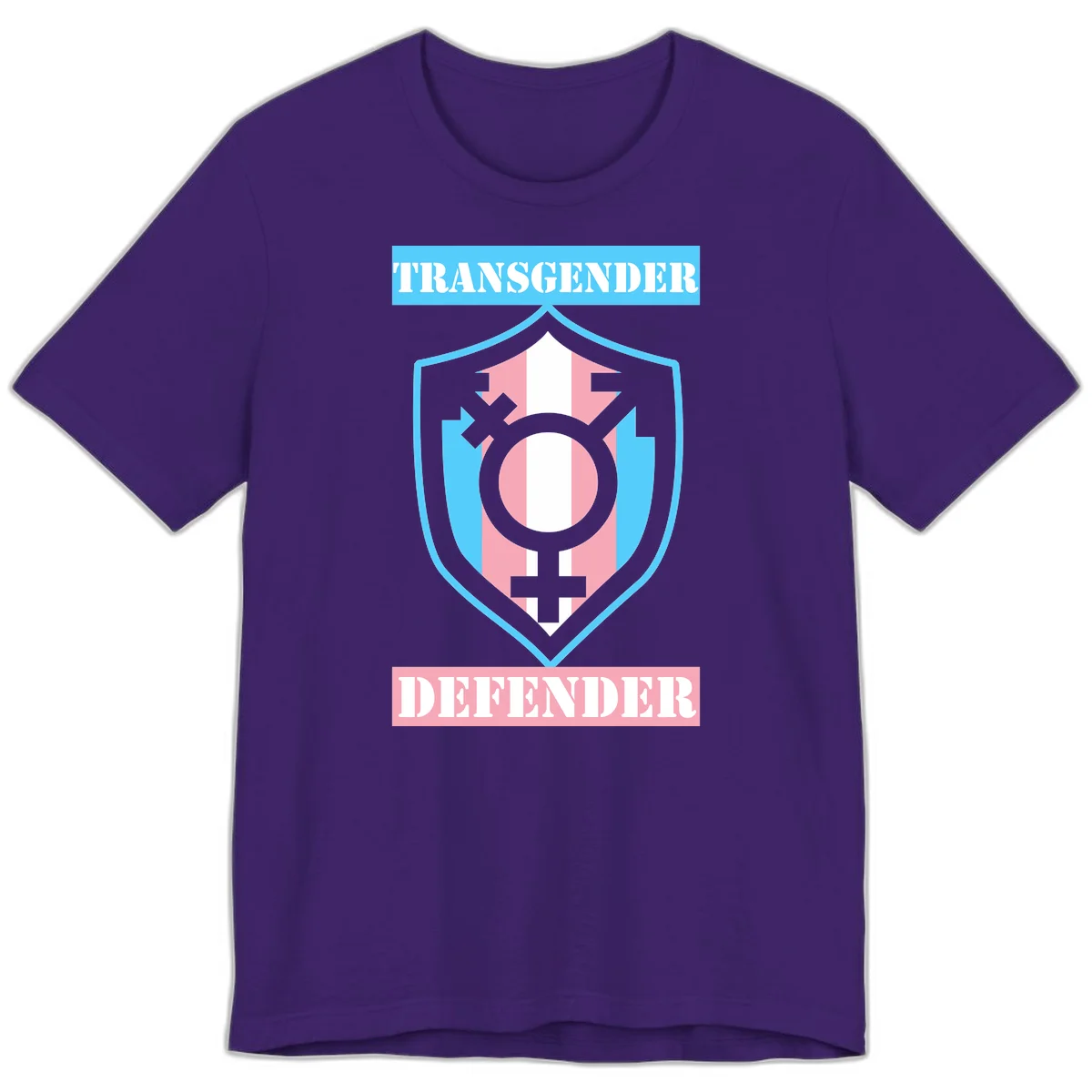 Transgender defender shield badge with centered symbol, protective arrows, and cyan-pink color scheme in Team Purple