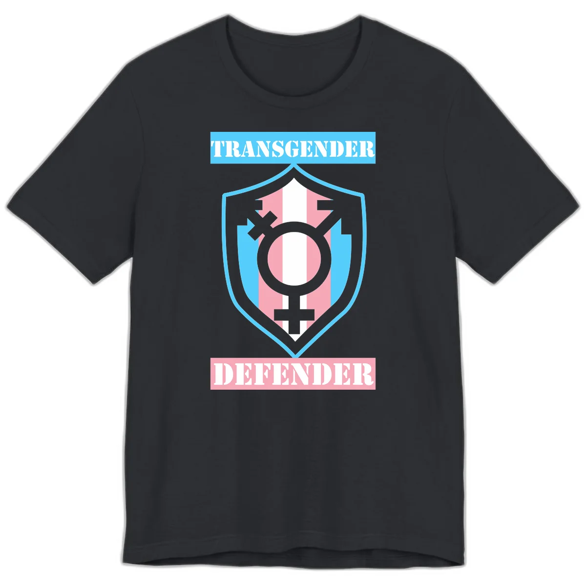 Transgender defender shield badge with centered symbol, protective arrows, and cyan-pink color scheme in Vintage Black