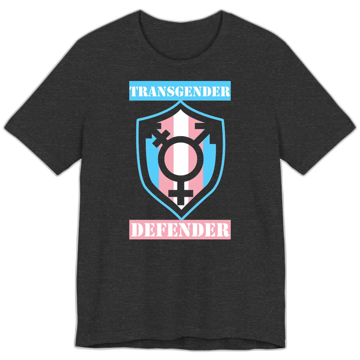 Transgender defender shield badge with centered symbol, protective arrows, and cyan-pink color scheme in Dark Grey Heather