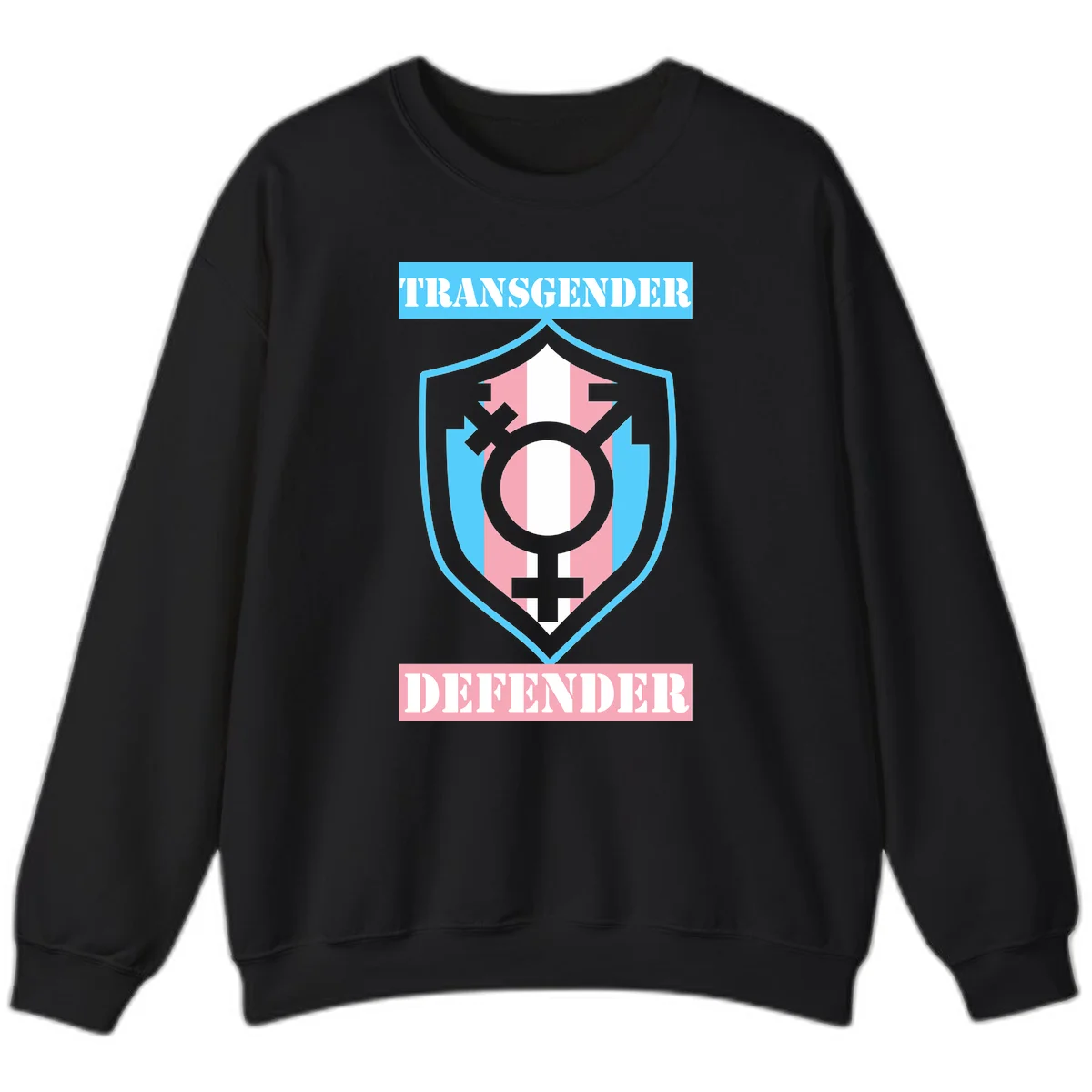 Transgender defender shield badge with centered symbol, protective arrows, and cyan-pink color scheme in Black
