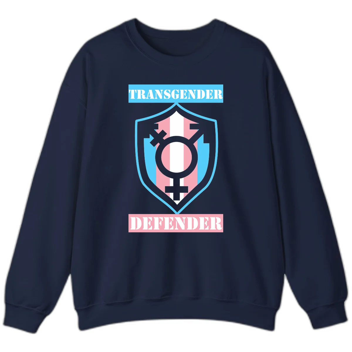 Transgender defender shield badge with centered symbol, protective arrows, and cyan-pink color scheme in Navy