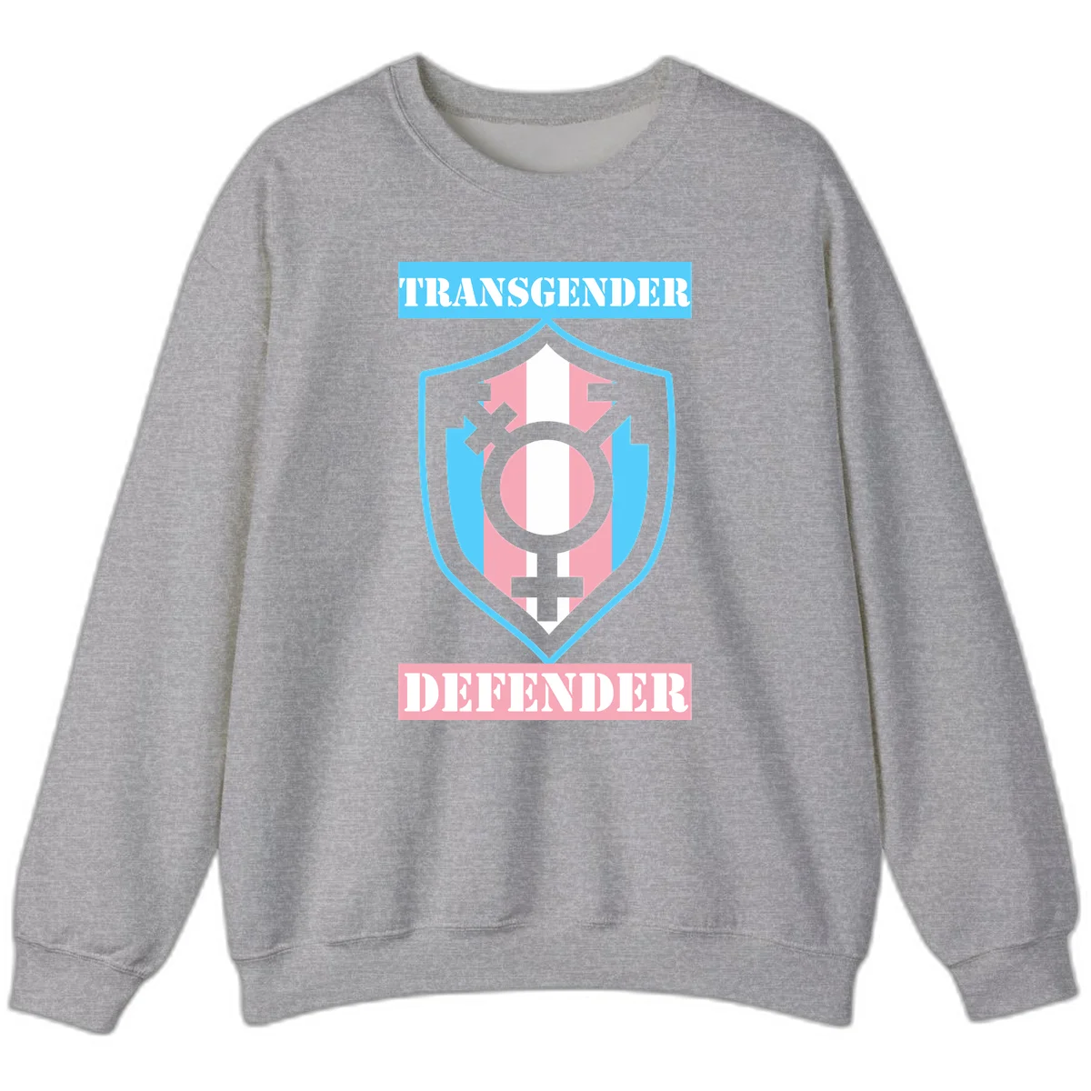 Transgender defender shield badge with centered symbol, protective arrows, and cyan-pink color scheme in Sport Grey
