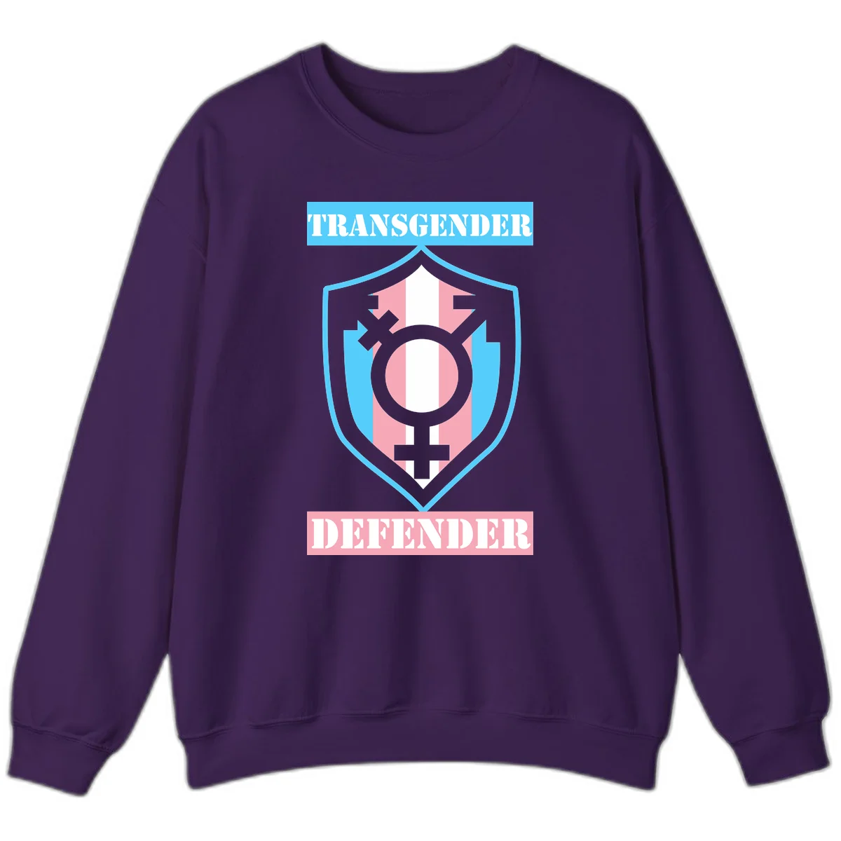 Transgender defender shield badge with centered symbol, protective arrows, and cyan-pink color scheme in Purple