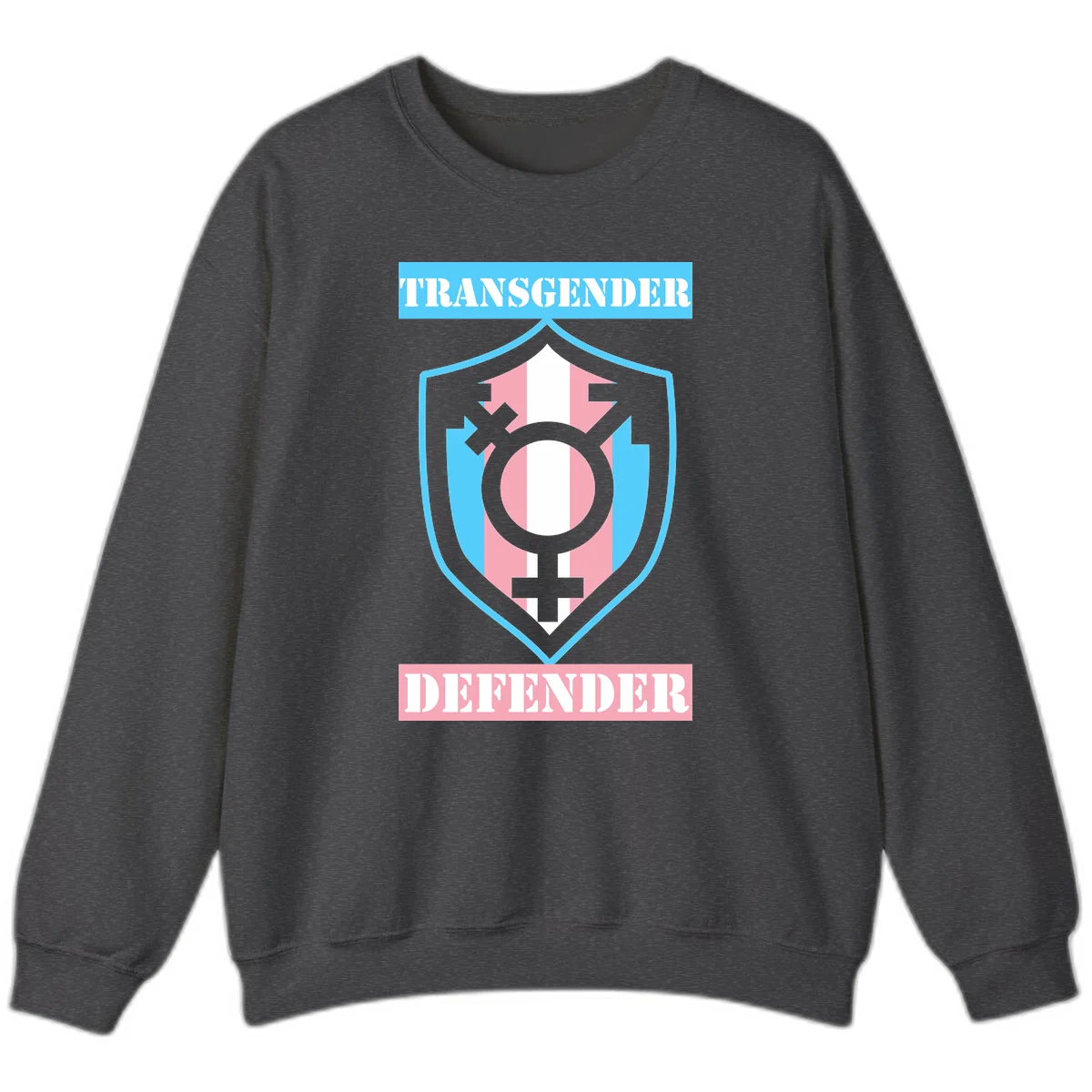 Transgender defender shield badge with centered symbol, protective arrows, and cyan-pink color scheme in Dark Heather