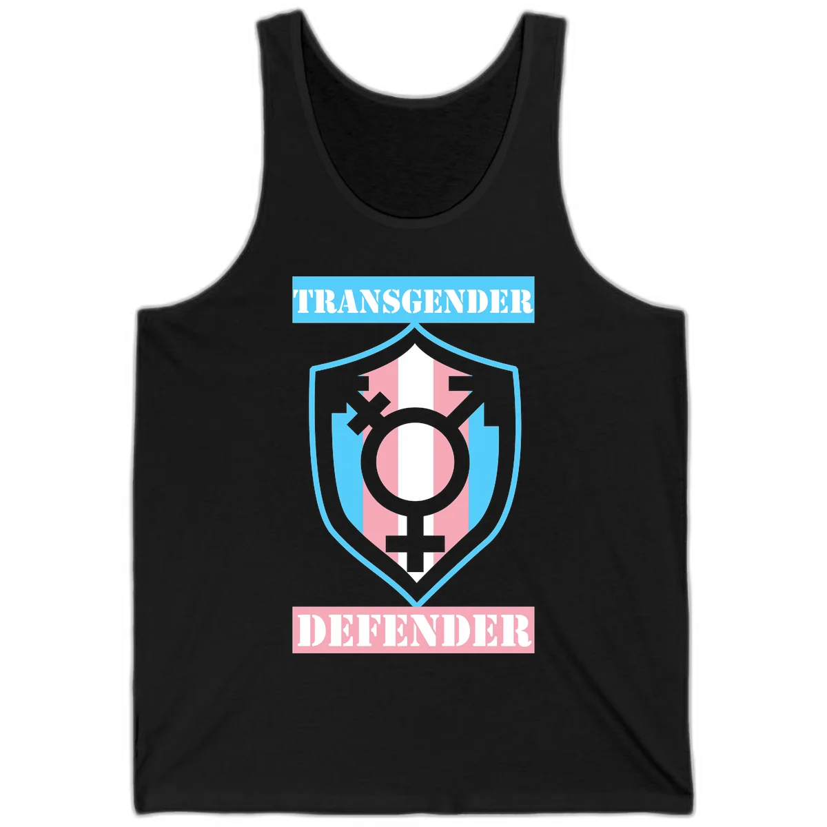Transgender defender shield badge with centered symbol, protective arrows, and cyan-pink color scheme in Black
