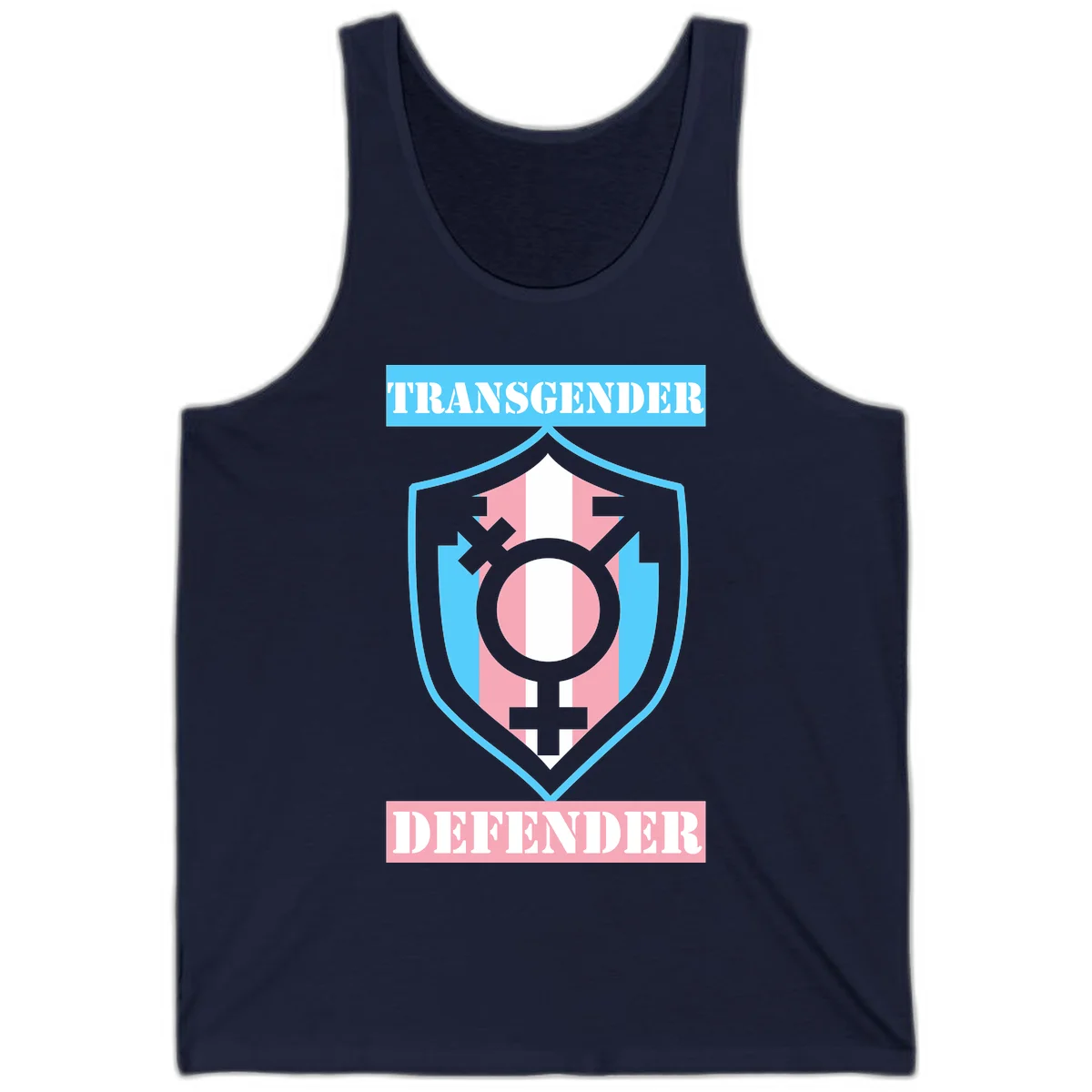 Transgender defender shield badge with centered symbol, protective arrows, and cyan-pink color scheme in Navy