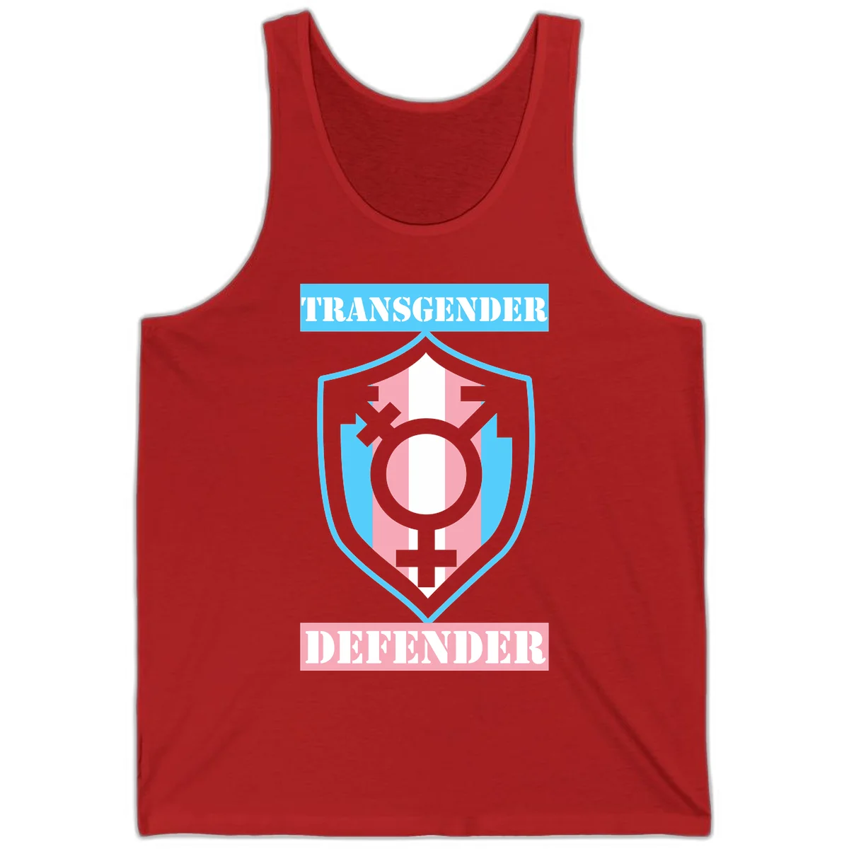 Transgender defender shield badge with centered symbol, protective arrows, and cyan-pink color scheme in Red