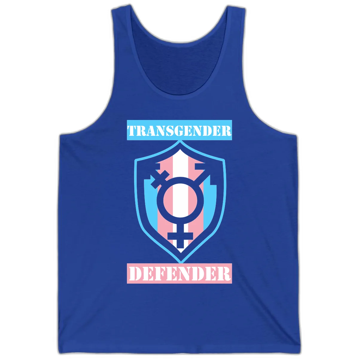 Transgender defender shield badge with centered symbol, protective arrows, and cyan-pink color scheme in True Royal