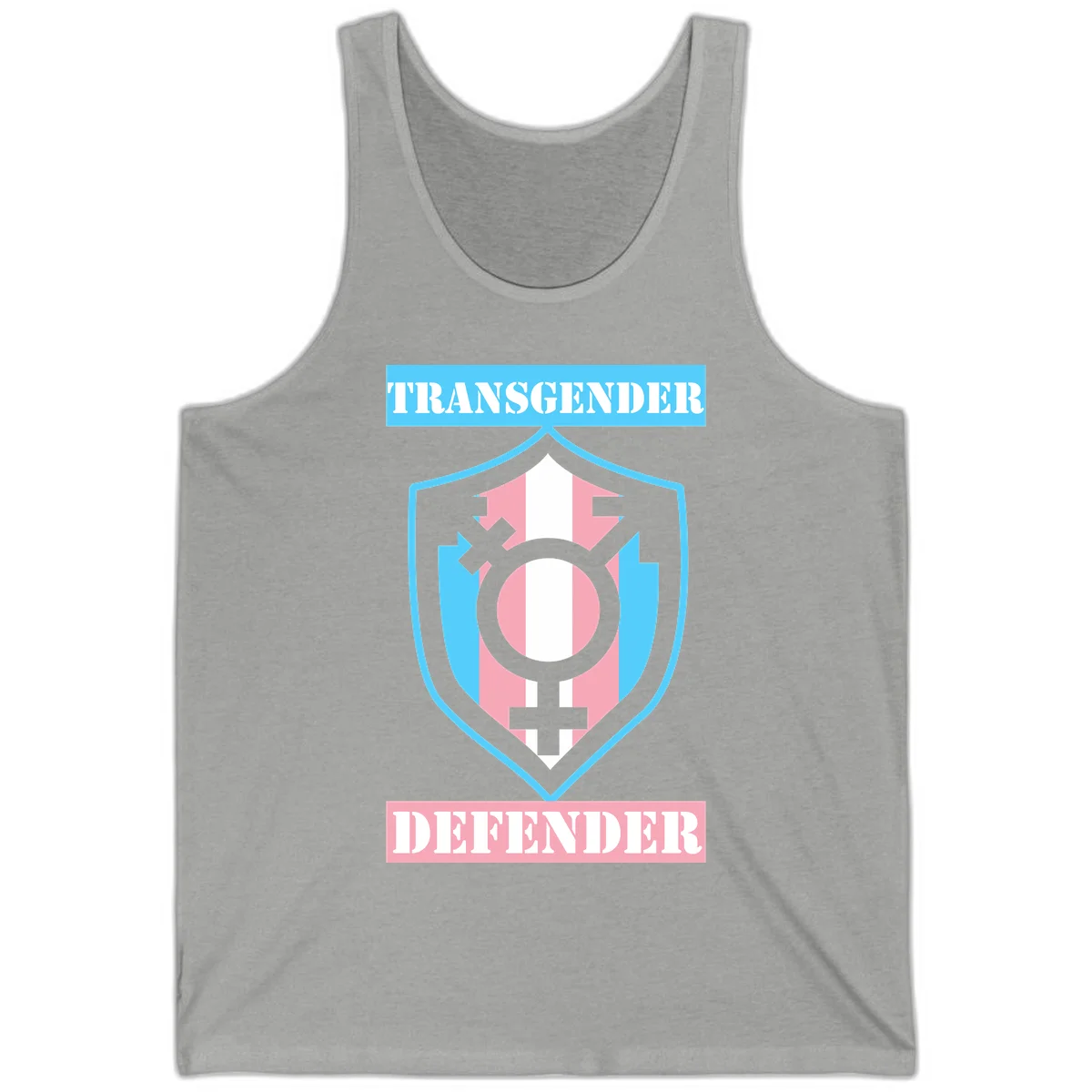 Transgender defender shield badge with centered symbol, protective arrows, and cyan-pink color scheme in Athletic Heather