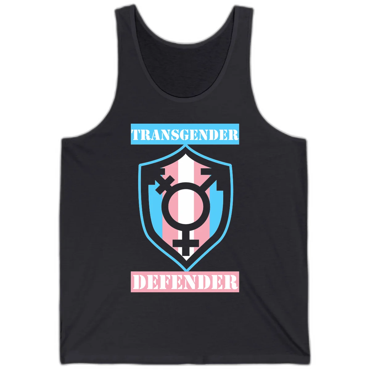 Transgender defender shield badge with centered symbol, protective arrows, and cyan-pink color scheme in Dark Grey