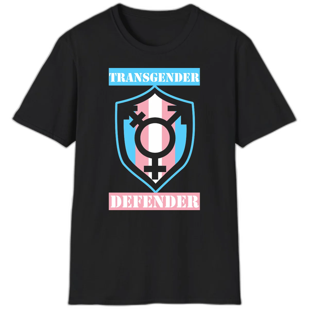 Transgender defender shield badge with centered symbol, protective arrows, and cyan-pink color scheme in Black