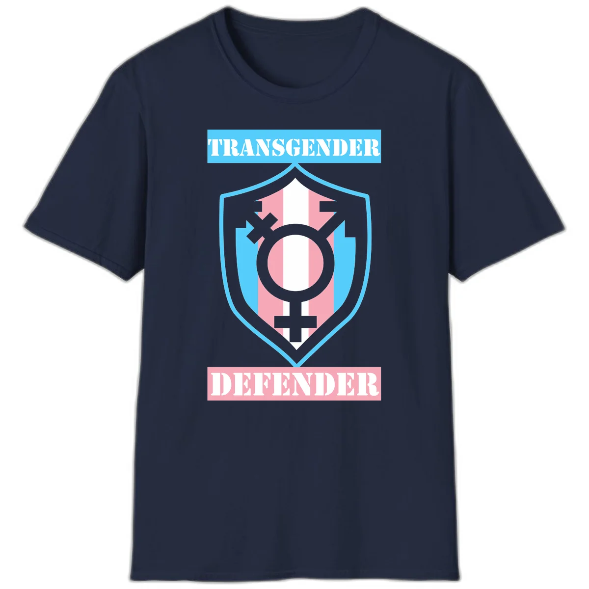 Transgender defender shield badge with centered symbol, protective arrows, and cyan-pink color scheme in Navy