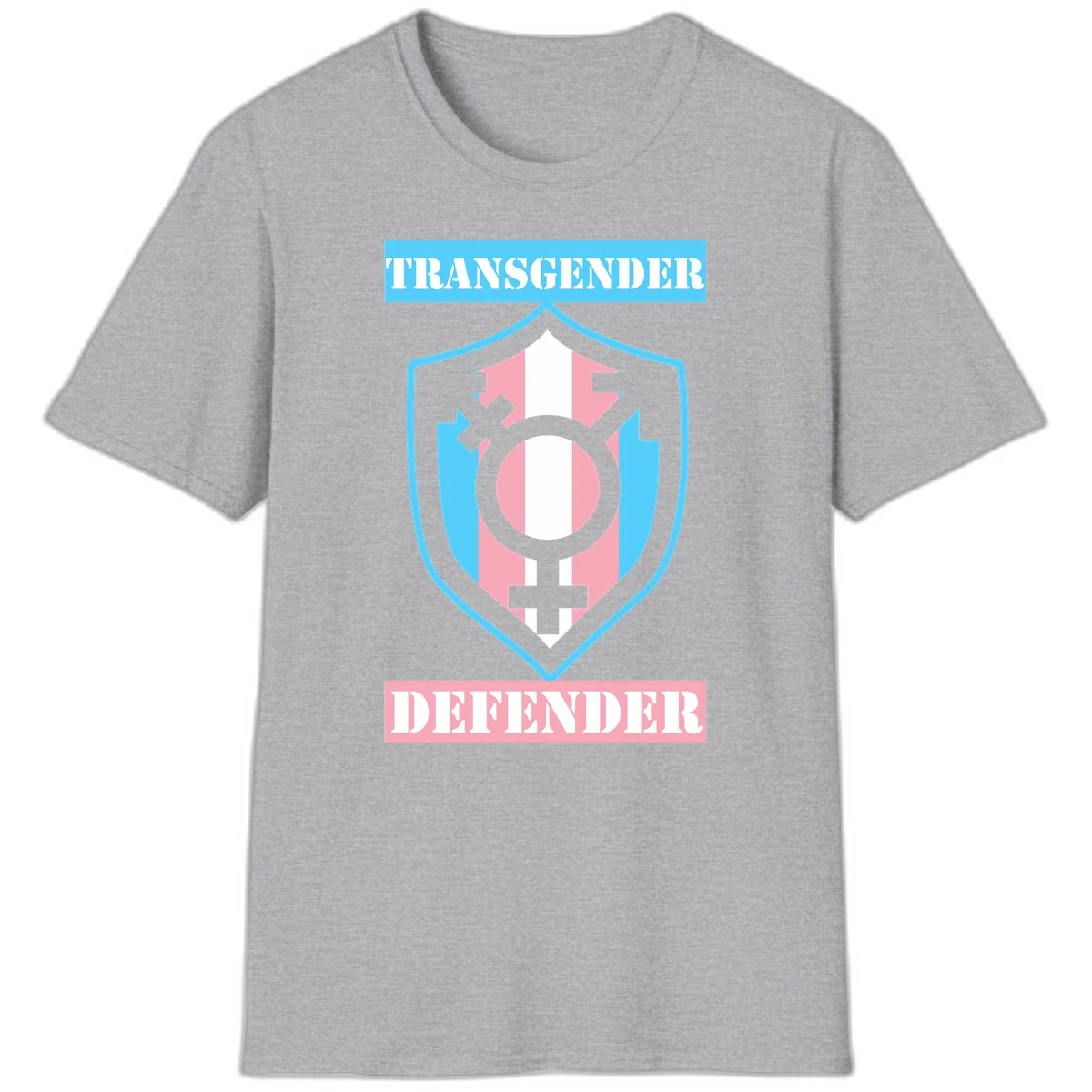 Transgender defender shield badge with centered symbol, protective arrows, and cyan-pink color scheme in Sport Grey