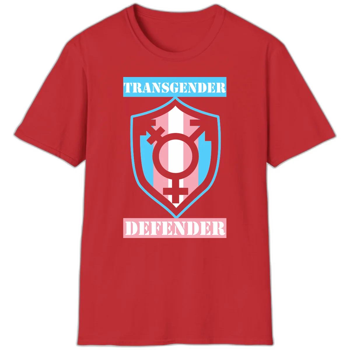 Transgender defender shield badge with centered symbol, protective arrows, and cyan-pink color scheme in Red