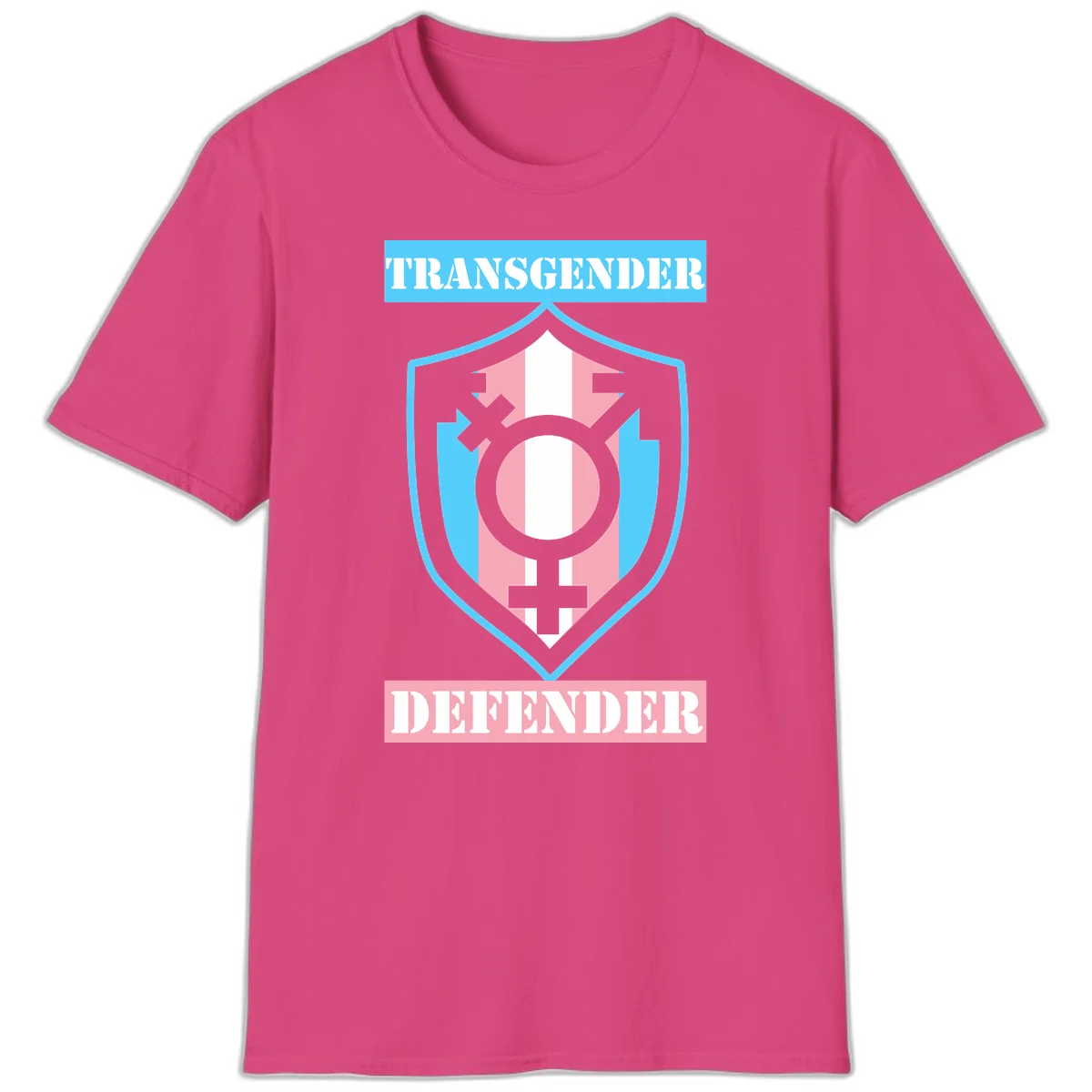 Transgender defender shield badge with centered symbol, protective arrows, and cyan-pink color scheme in Heliconia