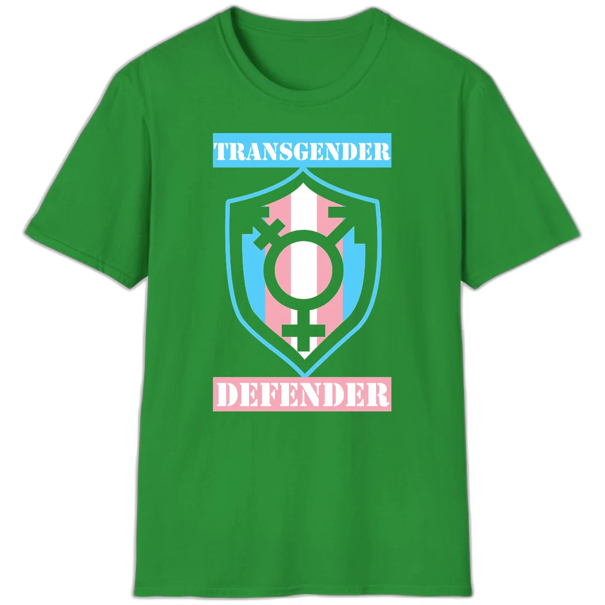 Transgender defender shield badge with centered symbol, protective arrows, and cyan-pink color scheme in Irish Green