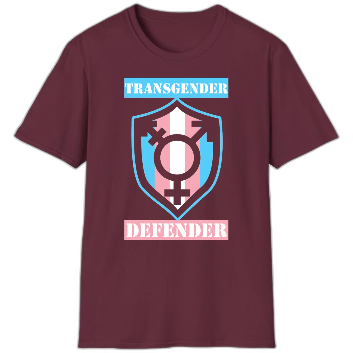 Transgender defender shield badge with centered symbol, protective arrows, and cyan-pink color scheme in Maroon