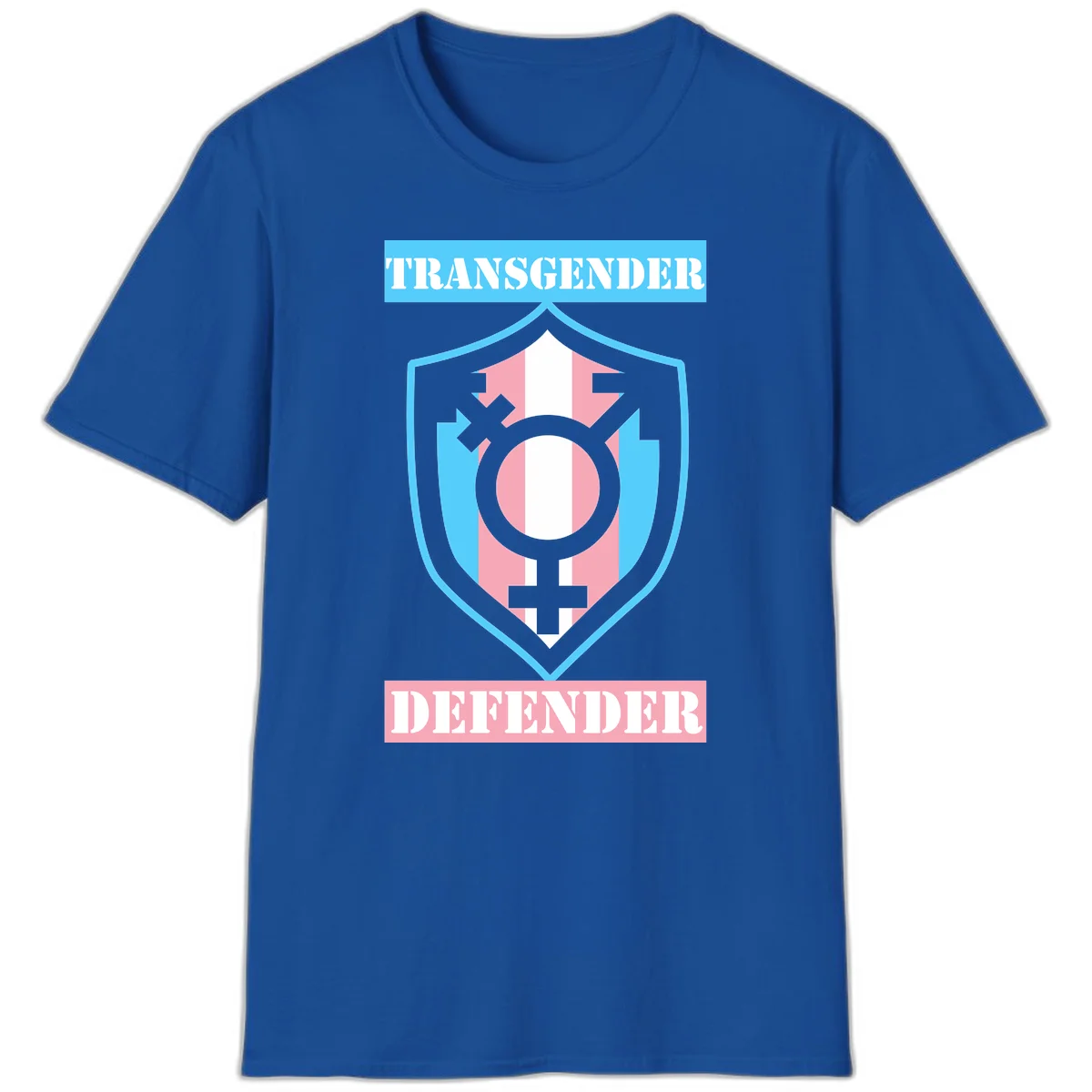 Transgender defender shield badge with centered symbol, protective arrows, and cyan-pink color scheme in Royal