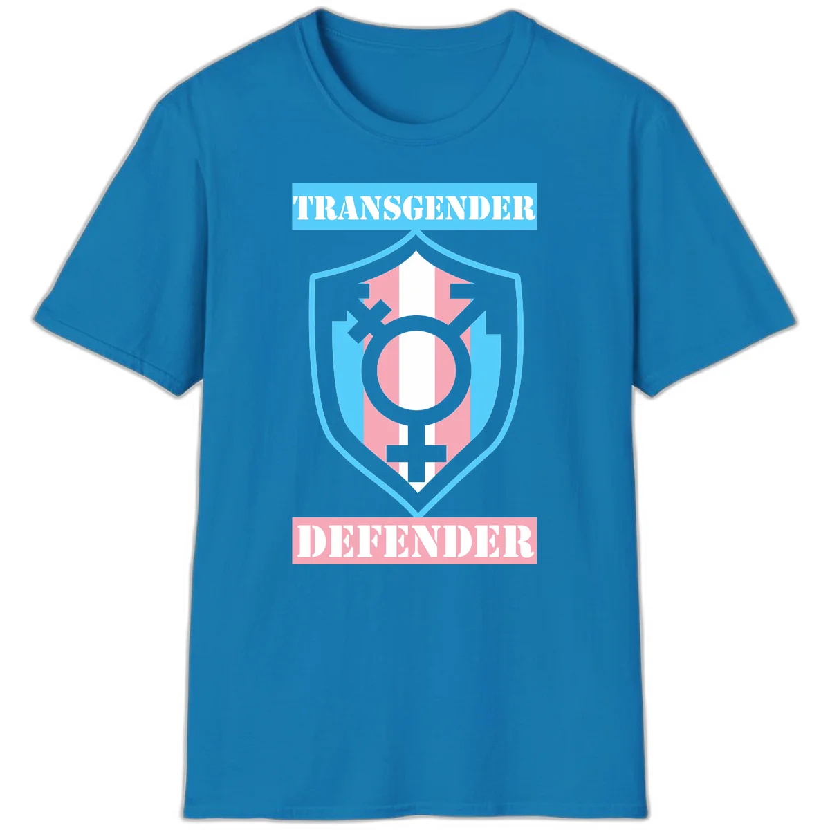 Transgender defender shield badge with centered symbol, protective arrows, and cyan-pink color scheme in Sapphire