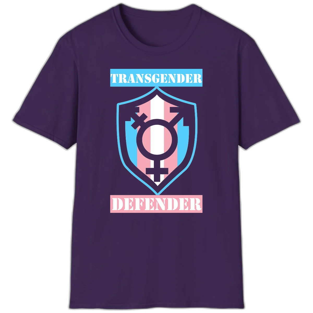 Transgender defender shield badge with centered symbol, protective arrows, and cyan-pink color scheme in Purple