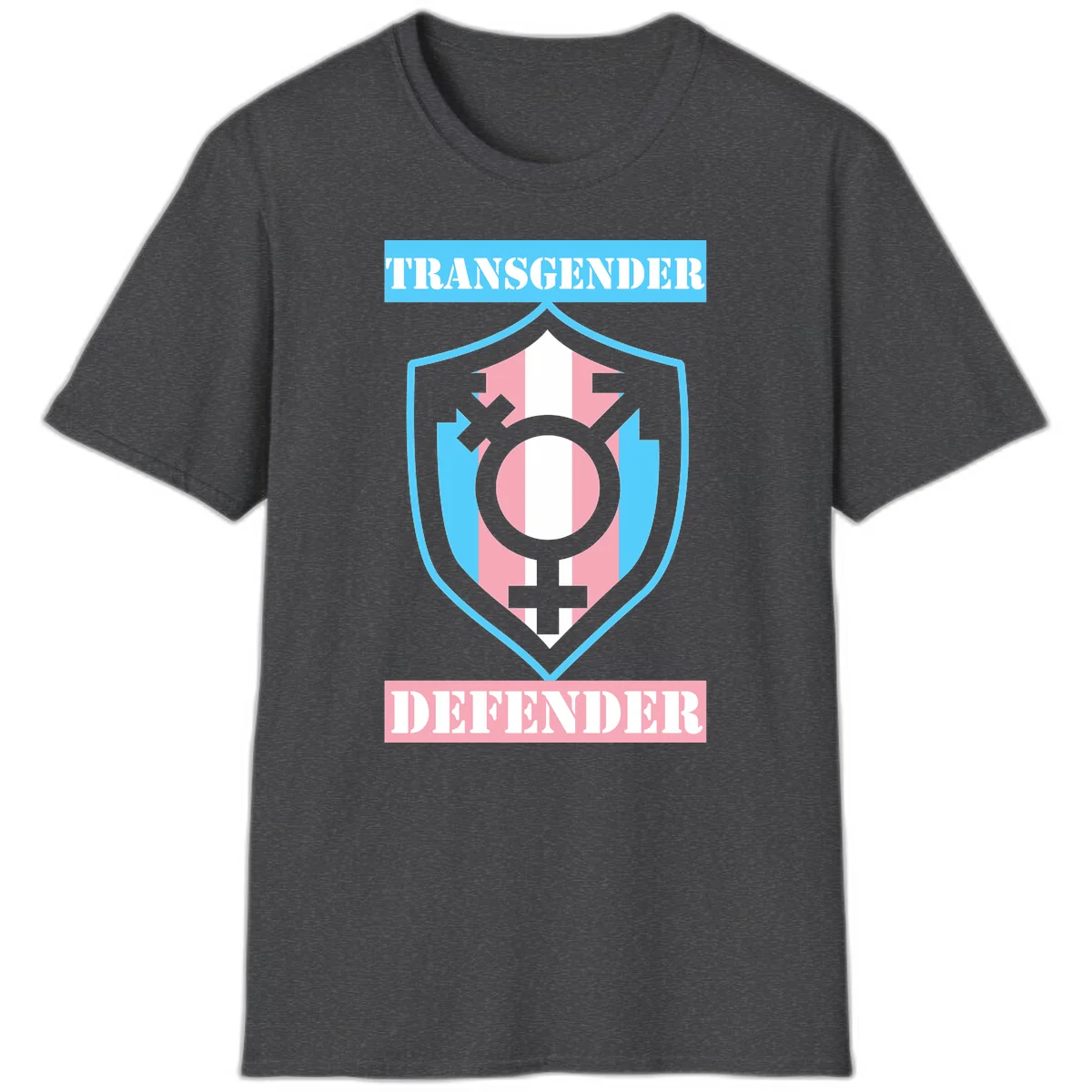 Transgender defender shield badge with centered symbol, protective arrows, and cyan-pink color scheme in Dark Heather