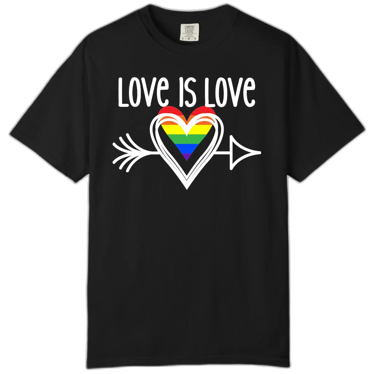 Love is love pride design featuring a white heart outline with rainbow-colored heart inside and decorative wing flourishes on gray background in Black