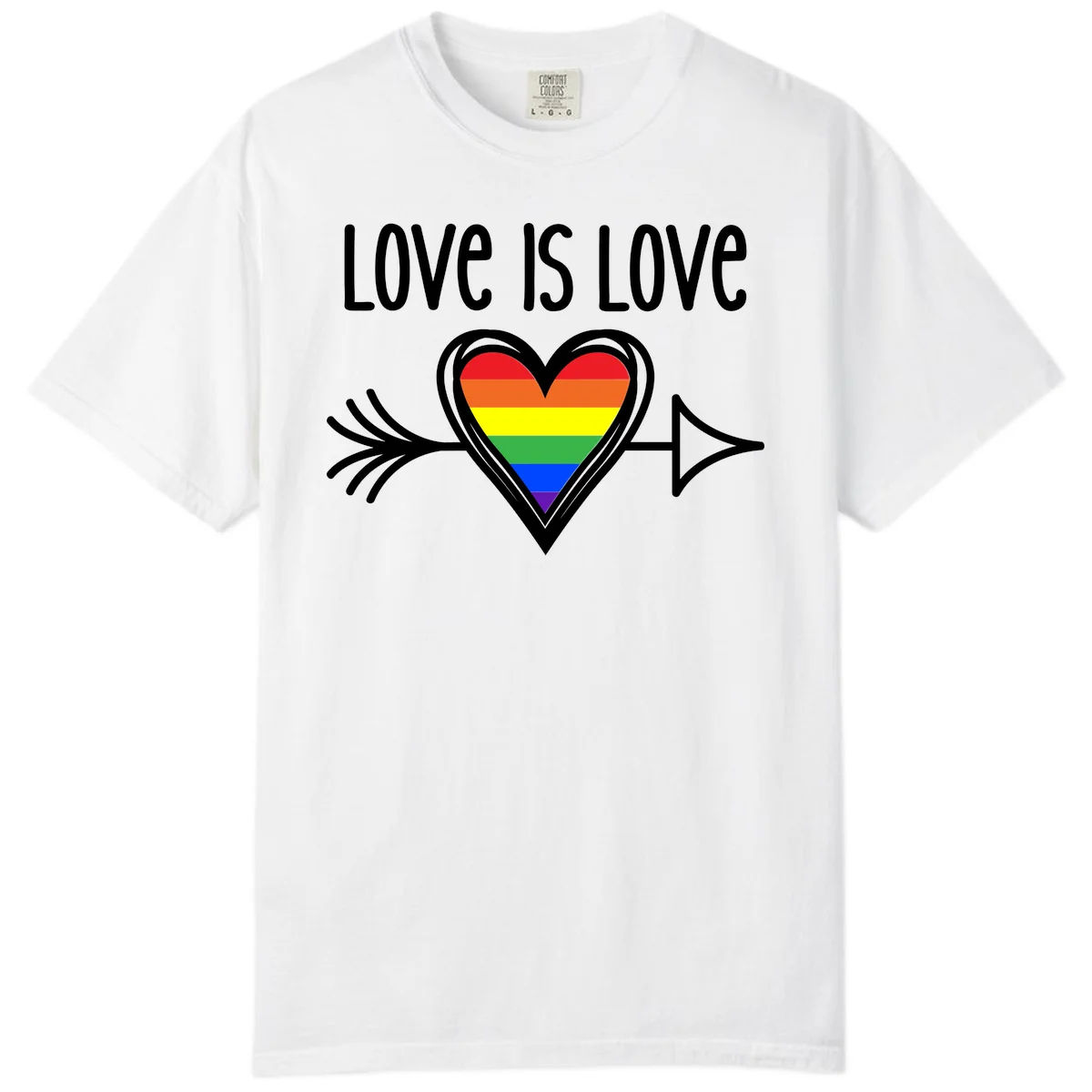 Love is love pride design featuring a white heart outline with rainbow-colored heart inside and decorative wing flourishes on gray background in White