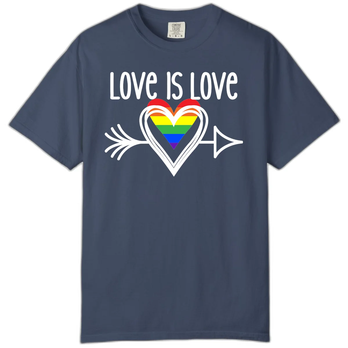 Love is love pride design featuring a white heart outline with rainbow-colored heart inside and decorative wing flourishes on gray background in Midnight