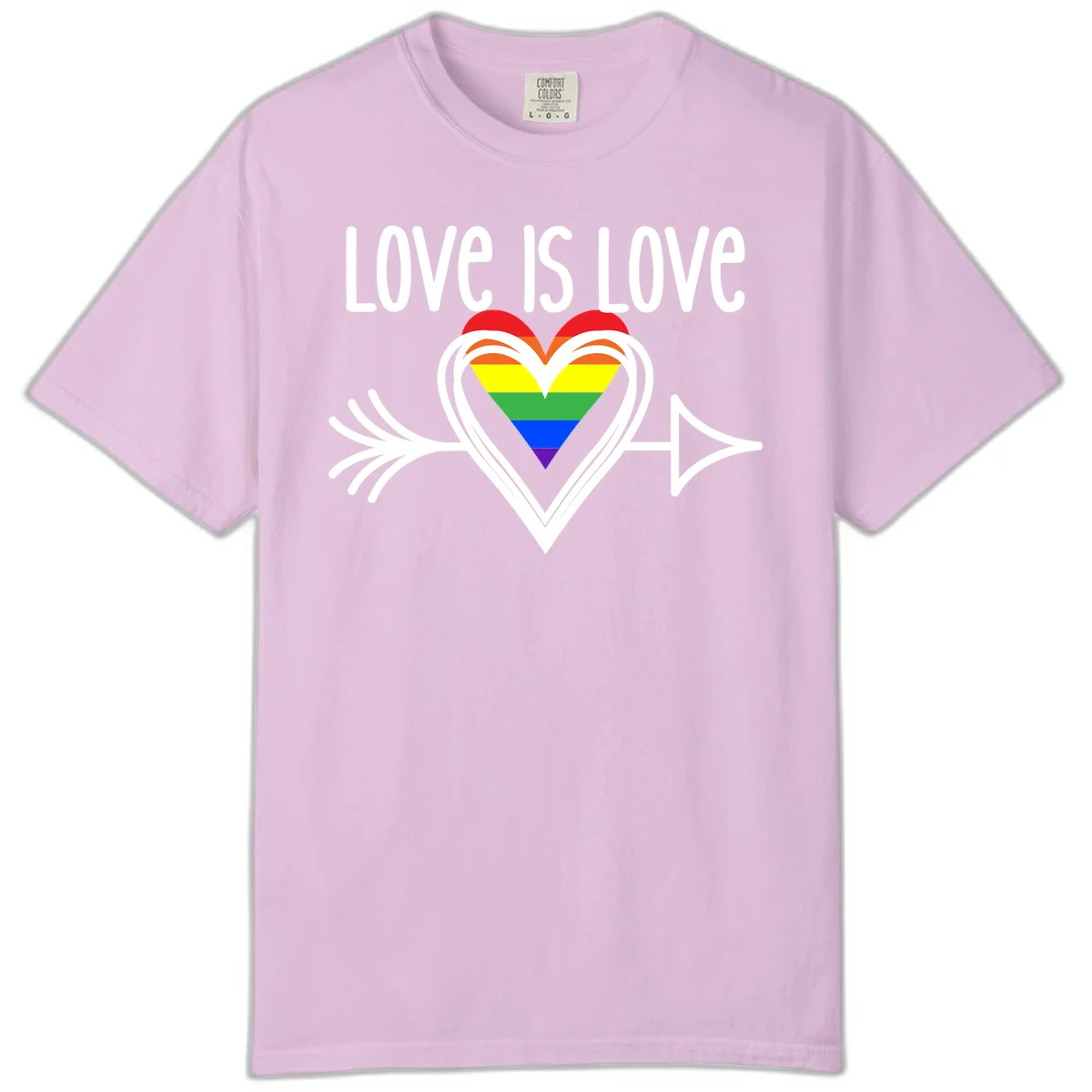 Love is love pride design featuring a white heart outline with rainbow-colored heart inside and decorative wing flourishes on gray background in Orchid