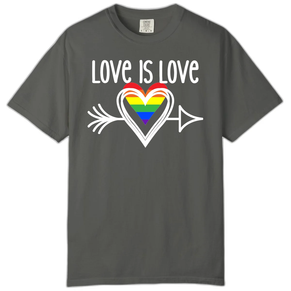 Love is love pride design featuring a white heart outline with rainbow-colored heart inside and decorative wing flourishes on gray background in Pepper