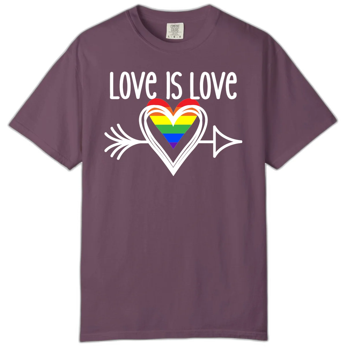 Love is love pride design featuring a white heart outline with rainbow-colored heart inside and decorative wing flourishes on gray background in Berry