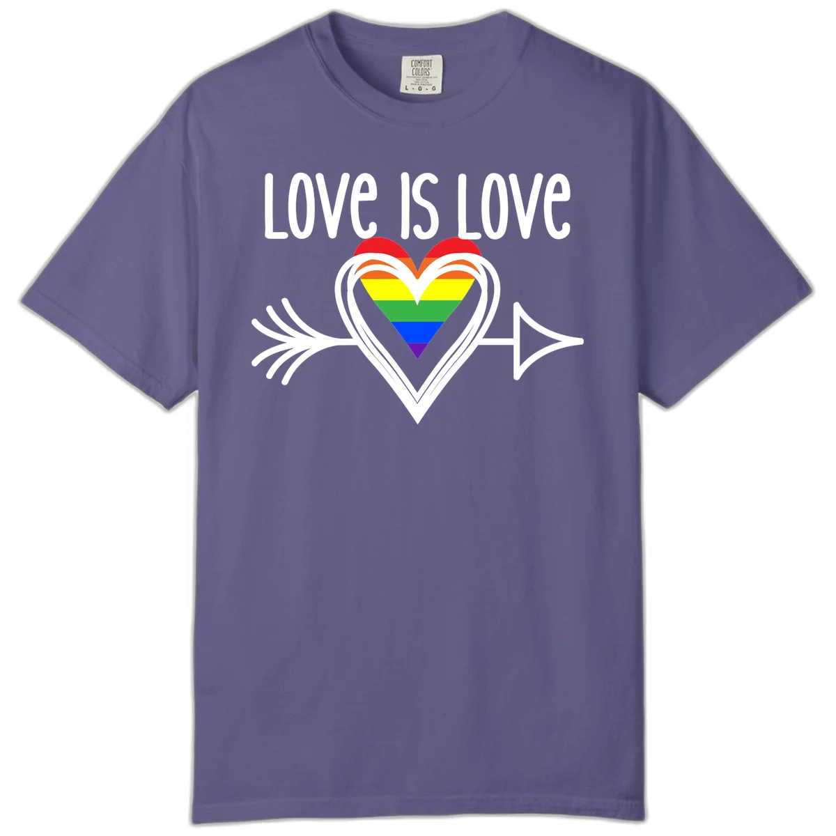 Love is love pride design featuring a white heart outline with rainbow-colored heart inside and decorative wing flourishes on gray background in Grape