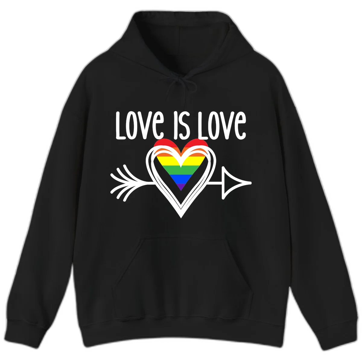 Love is love pride design featuring a white heart outline with rainbow-colored heart inside and decorative wing flourishes on gray background in Black