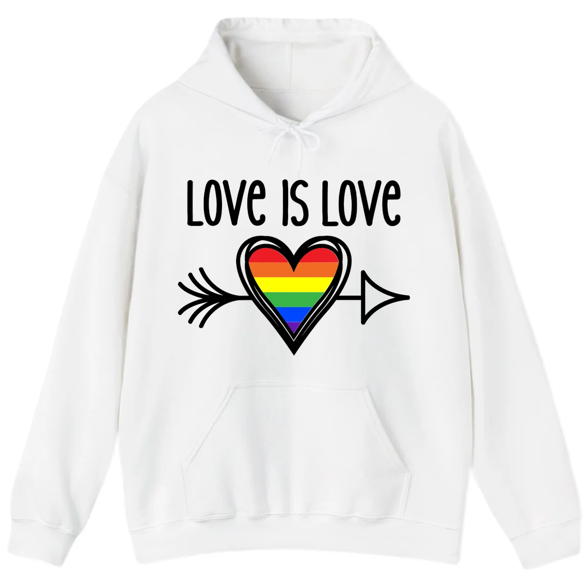 Love is love pride design featuring a white heart outline with rainbow-colored heart inside and decorative wing flourishes on gray background in White