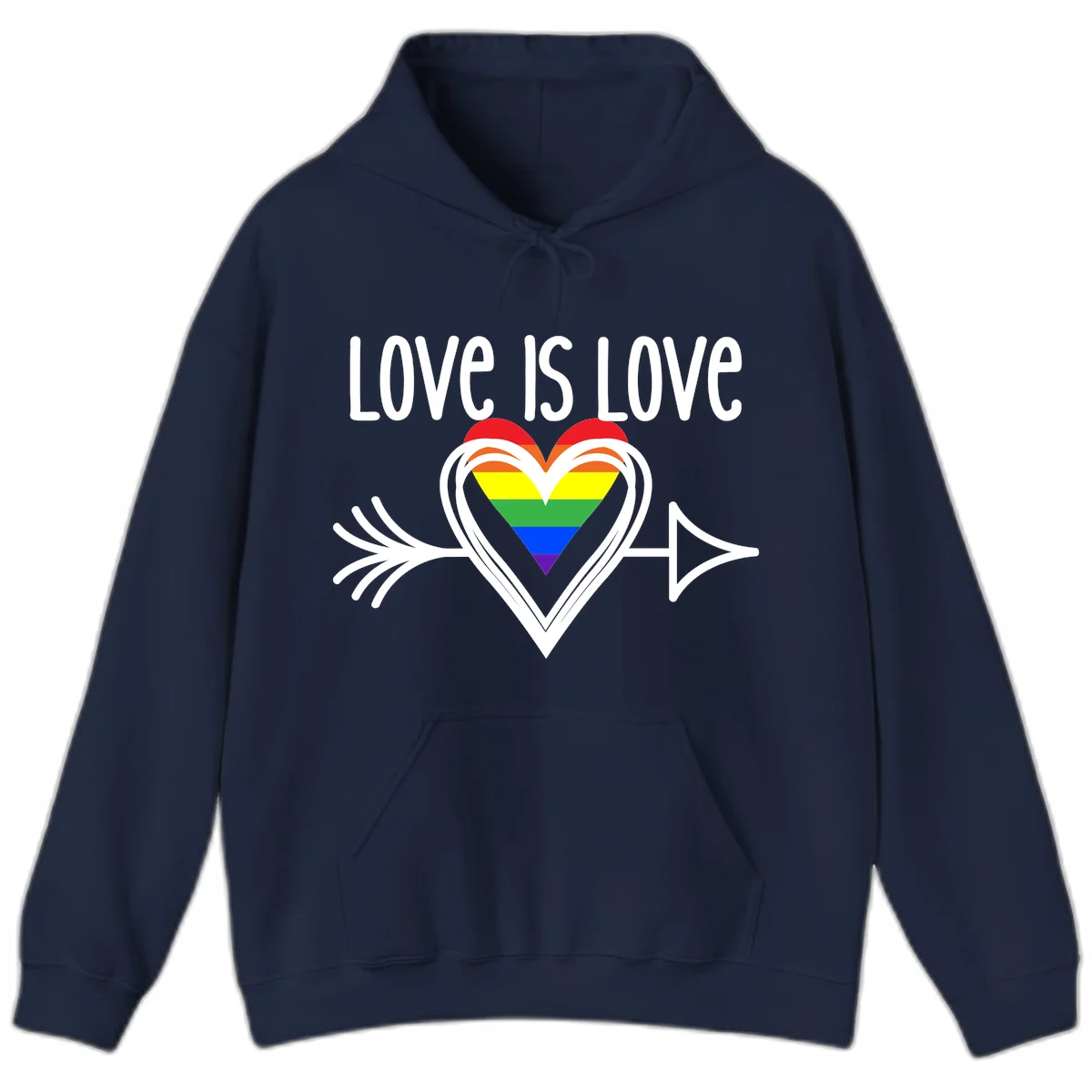 Love is love pride design featuring a white heart outline with rainbow-colored heart inside and decorative wing flourishes on gray background in Navy