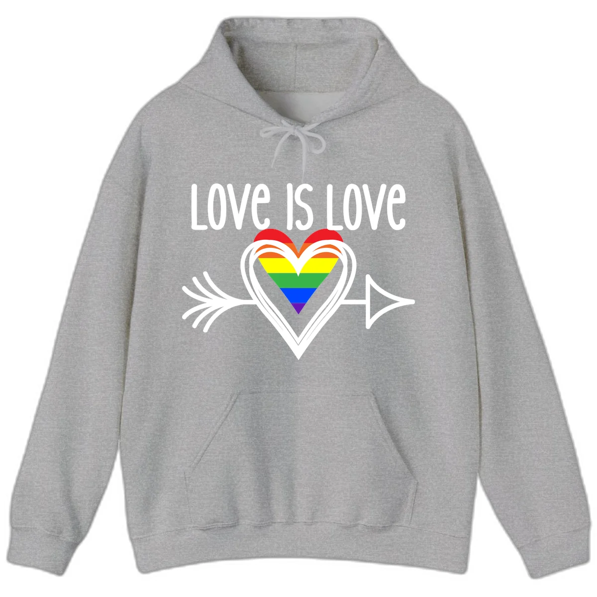Love is love pride design featuring a white heart outline with rainbow-colored heart inside and decorative wing flourishes on gray background in Sport Grey