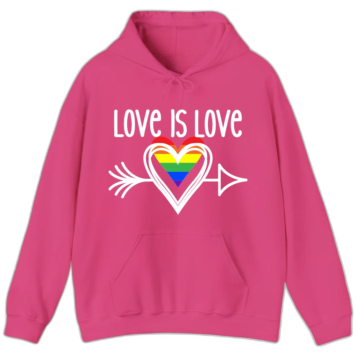 Love is love pride design featuring a white heart outline with rainbow-colored heart inside and decorative wing flourishes on gray background in Heliconia
