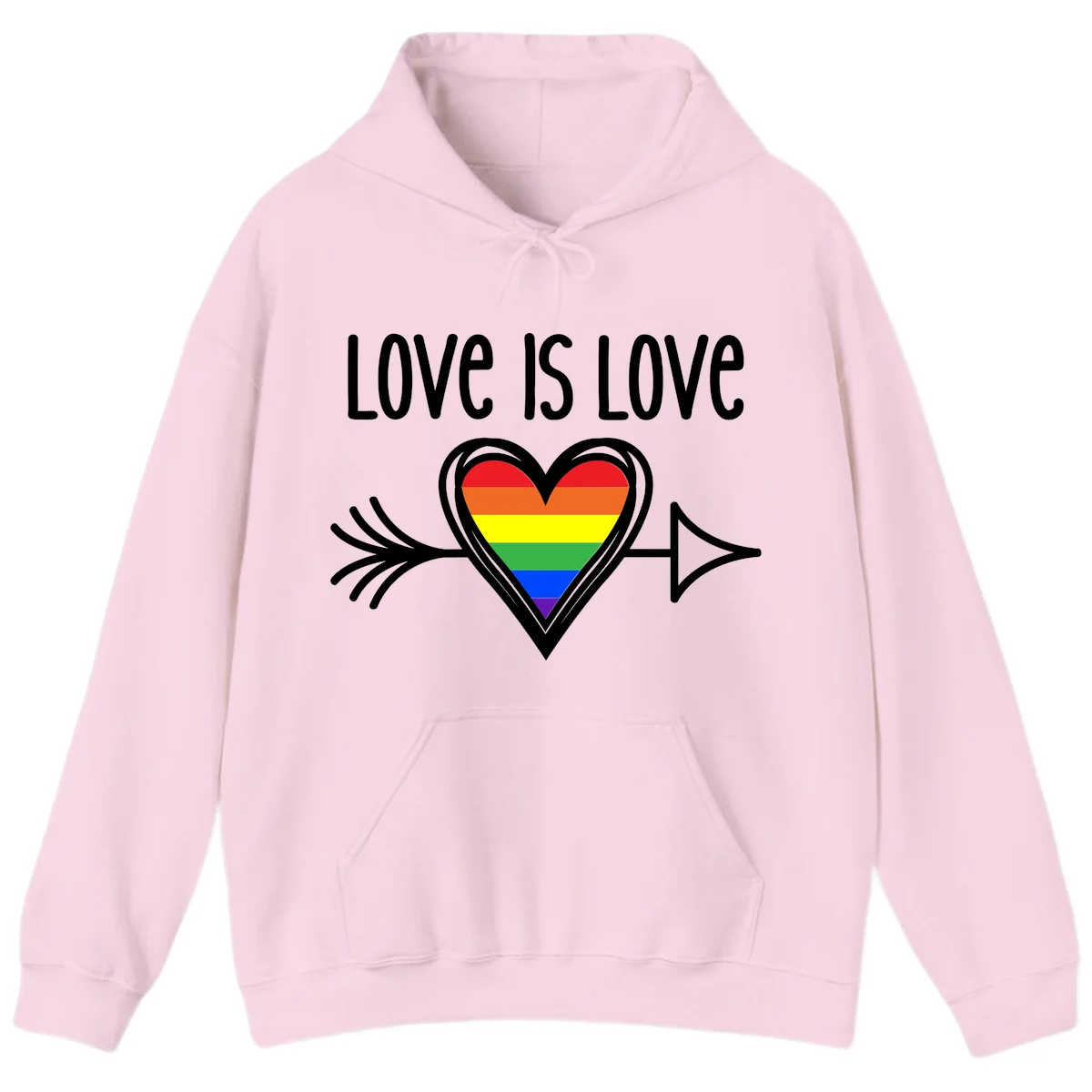 Love is love pride design featuring a white heart outline with rainbow-colored heart inside and decorative wing flourishes on gray background in Light Pink