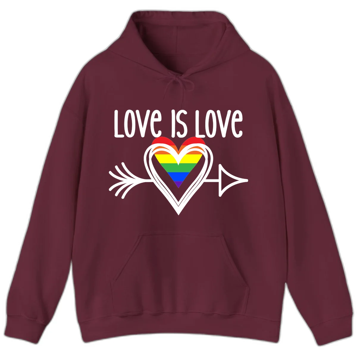 Love is love pride design featuring a white heart outline with rainbow-colored heart inside and decorative wing flourishes on gray background in Maroon