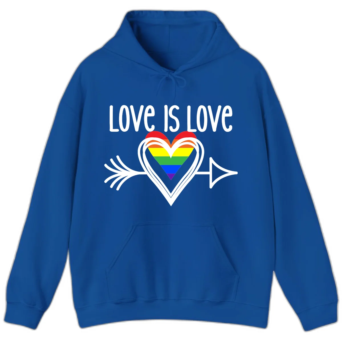 Love is love pride design featuring a white heart outline with rainbow-colored heart inside and decorative wing flourishes on gray background in Royal
