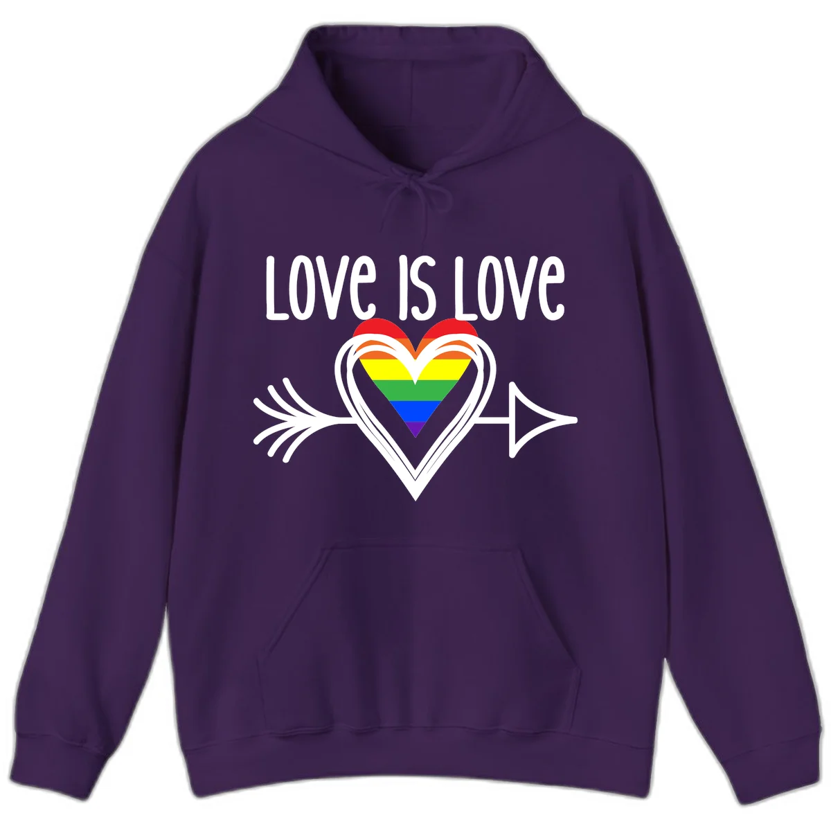 Love is love pride design featuring a white heart outline with rainbow-colored heart inside and decorative wing flourishes on gray background in Purple