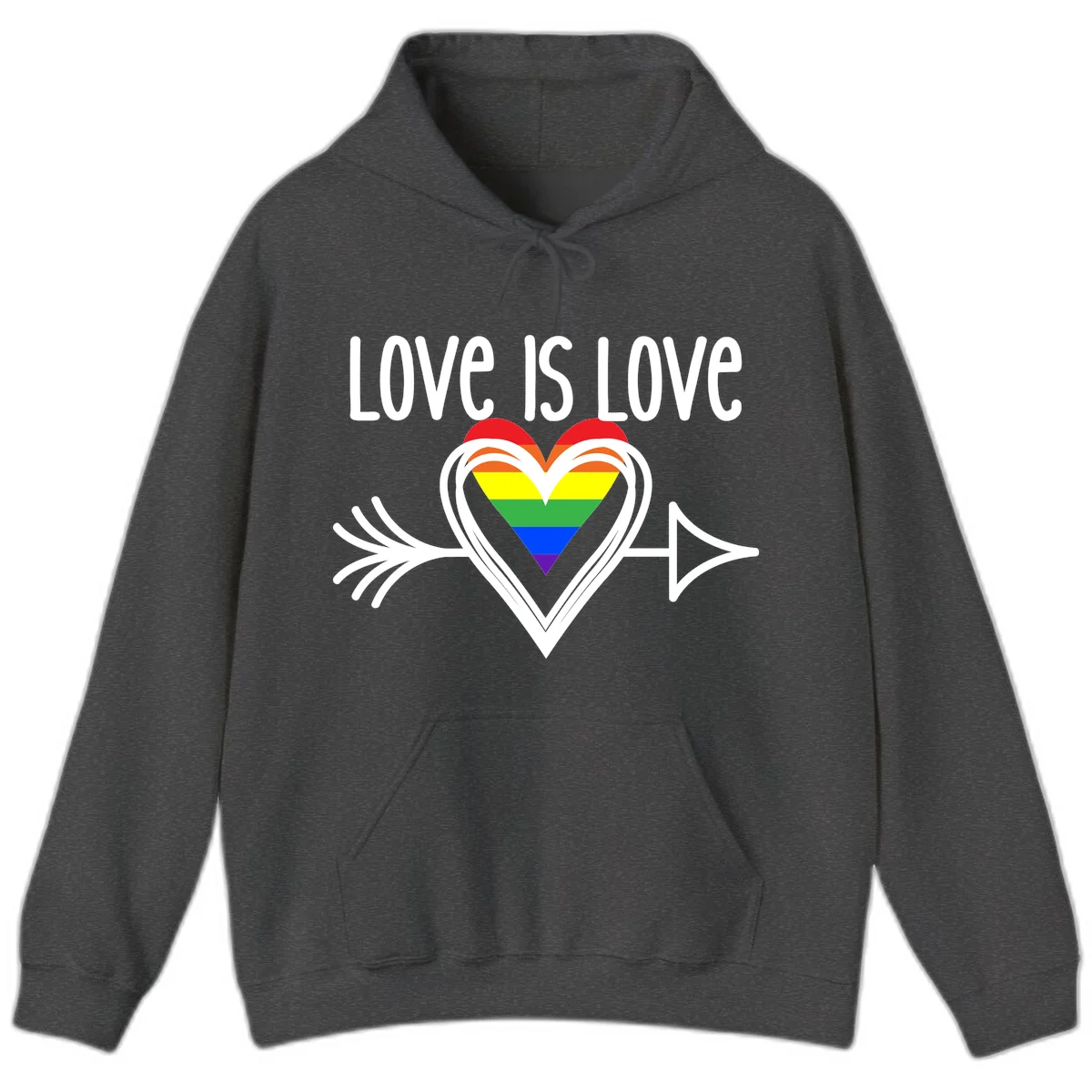 Love is love pride design featuring a white heart outline with rainbow-colored heart inside and decorative wing flourishes on gray background in Dark Heather