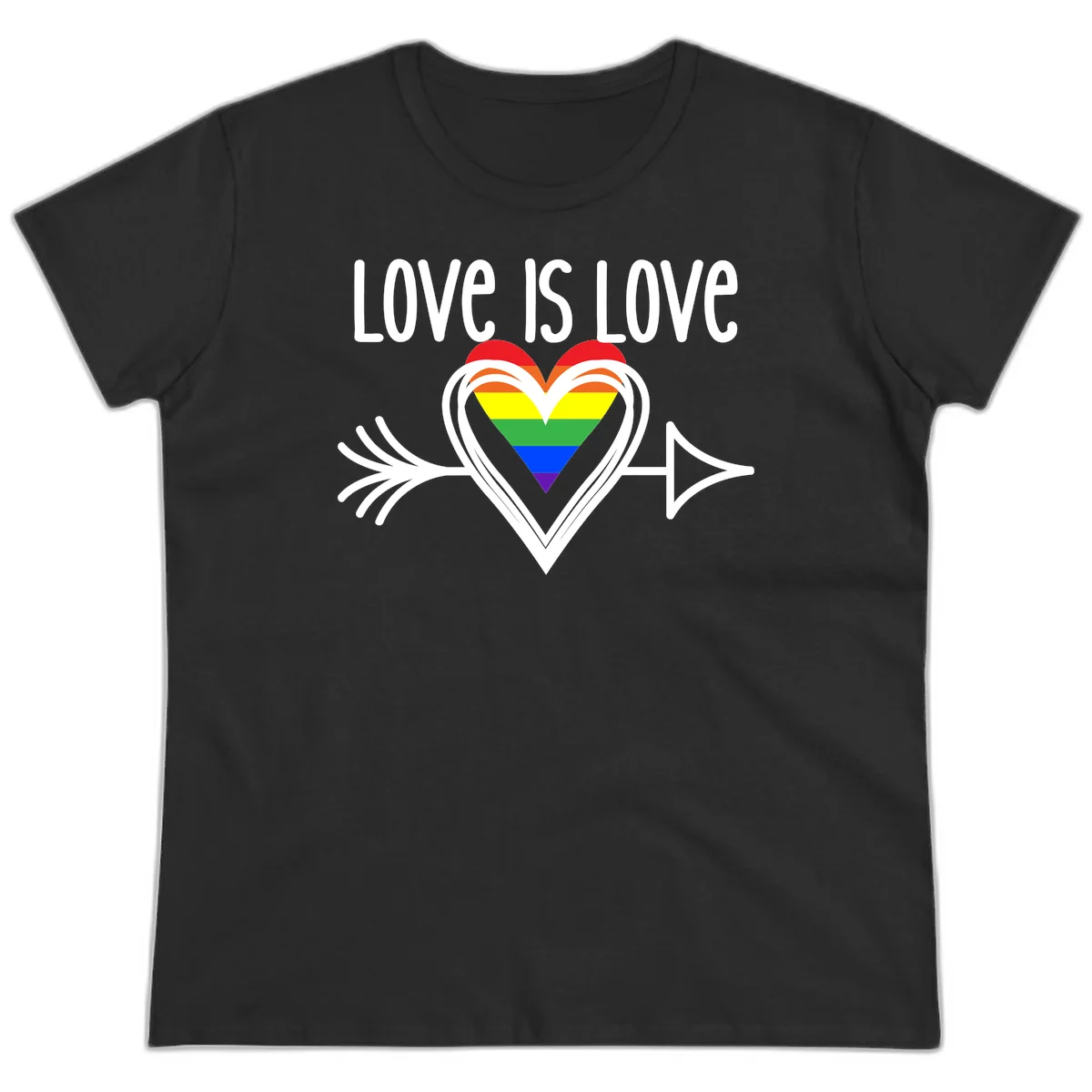 Love is love pride design featuring a white heart outline with rainbow-colored heart inside and decorative wing flourishes on gray background in Black