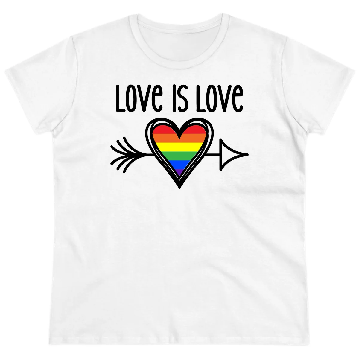 Love is love pride design featuring a white heart outline with rainbow-colored heart inside and decorative wing flourishes on gray background in White