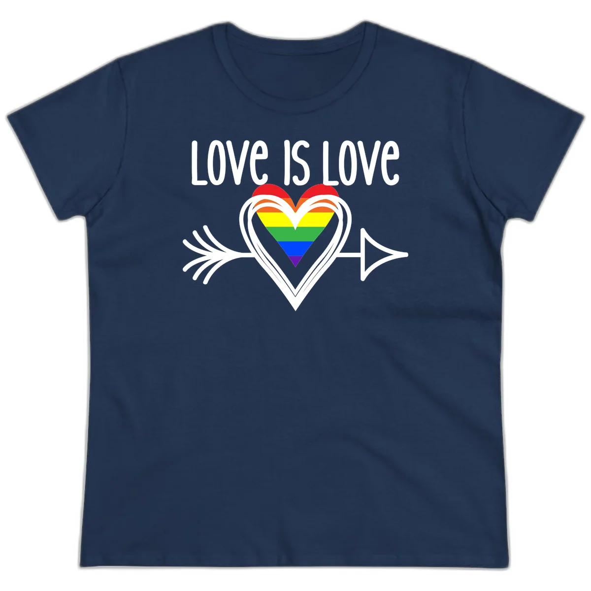 Love is love pride design featuring a white heart outline with rainbow-colored heart inside and decorative wing flourishes on gray background in Navy