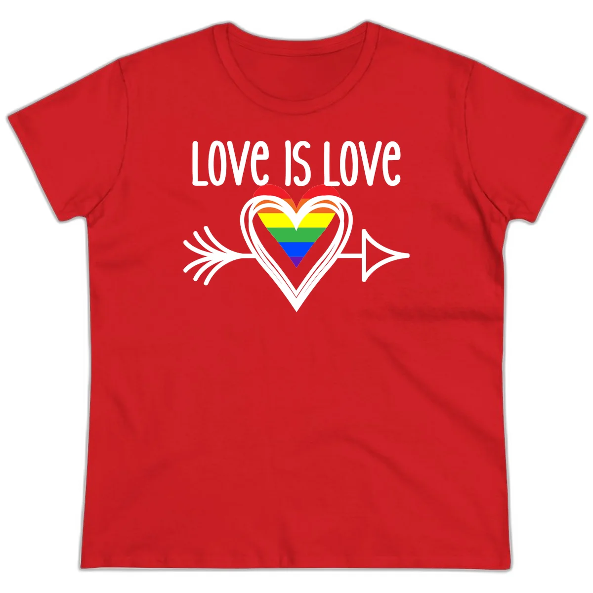 Love is love pride design featuring a white heart outline with rainbow-colored heart inside and decorative wing flourishes on gray background in Red