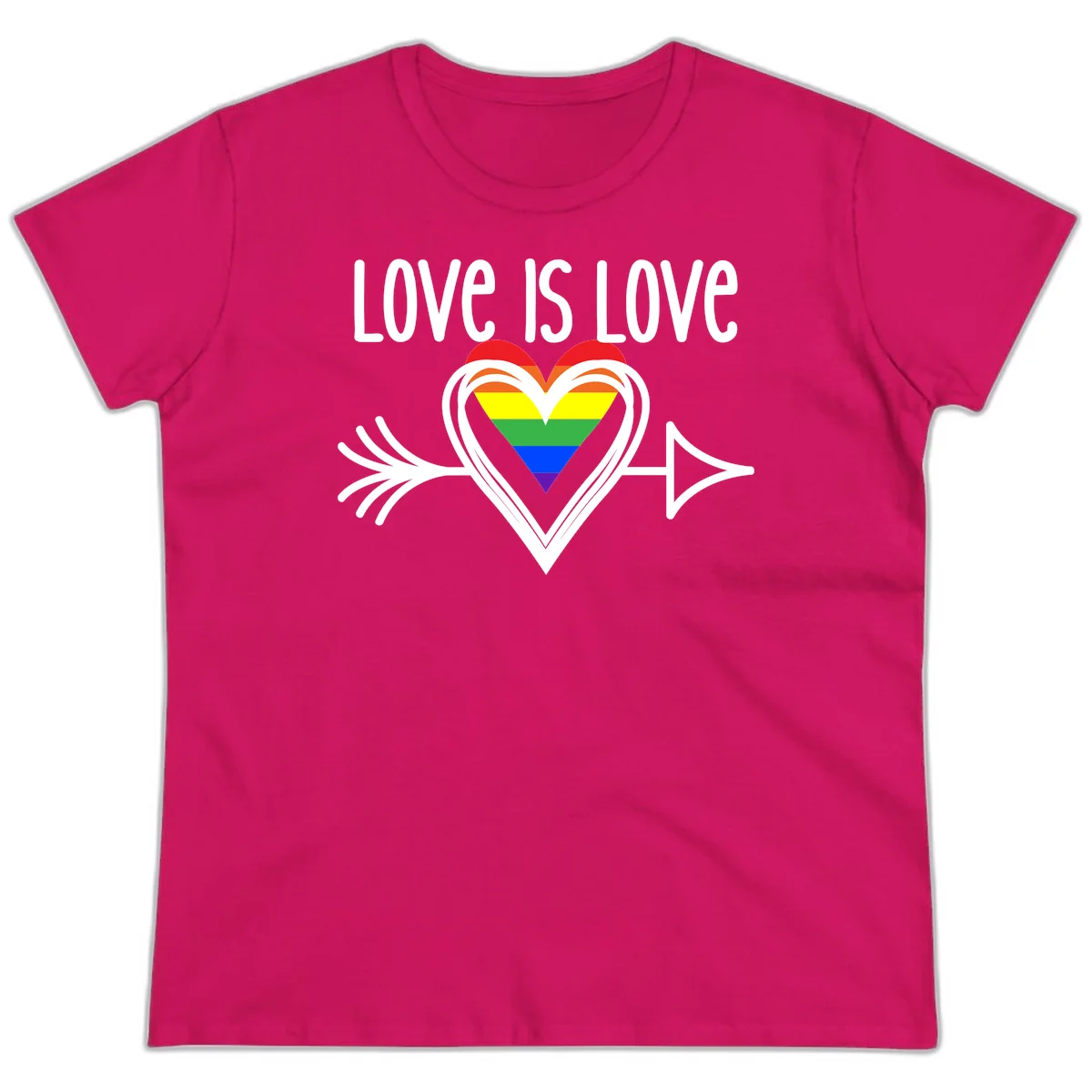 Love is love pride design featuring a white heart outline with rainbow-colored heart inside and decorative wing flourishes on gray background in Heliconia