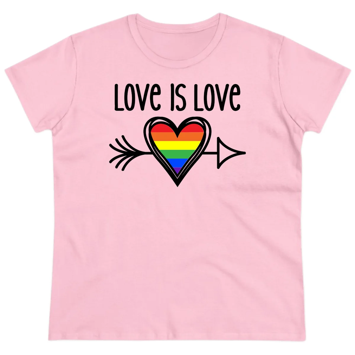 Love is love pride design featuring a white heart outline with rainbow-colored heart inside and decorative wing flourishes on gray background in Light Pink