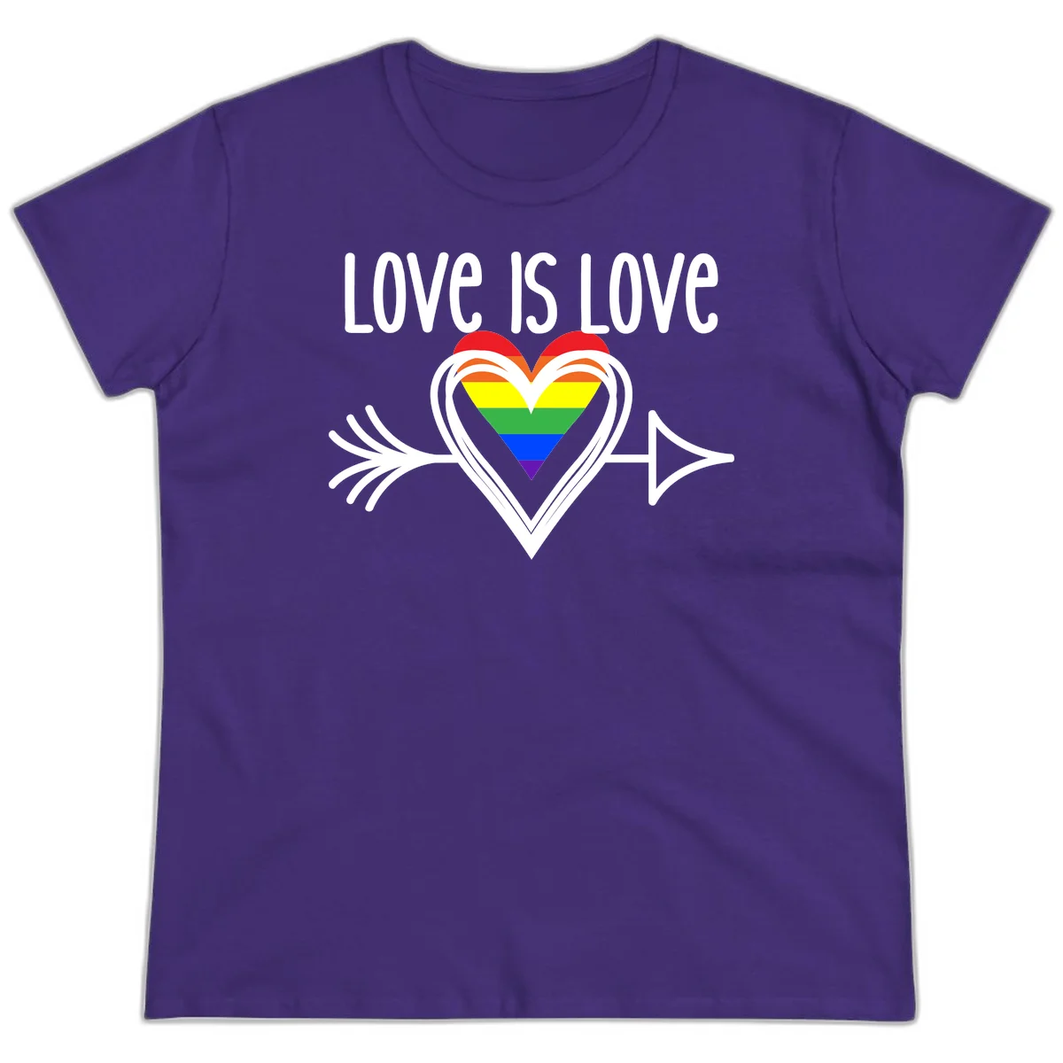 Love is love pride design featuring a white heart outline with rainbow-colored heart inside and decorative wing flourishes on gray background in Purple