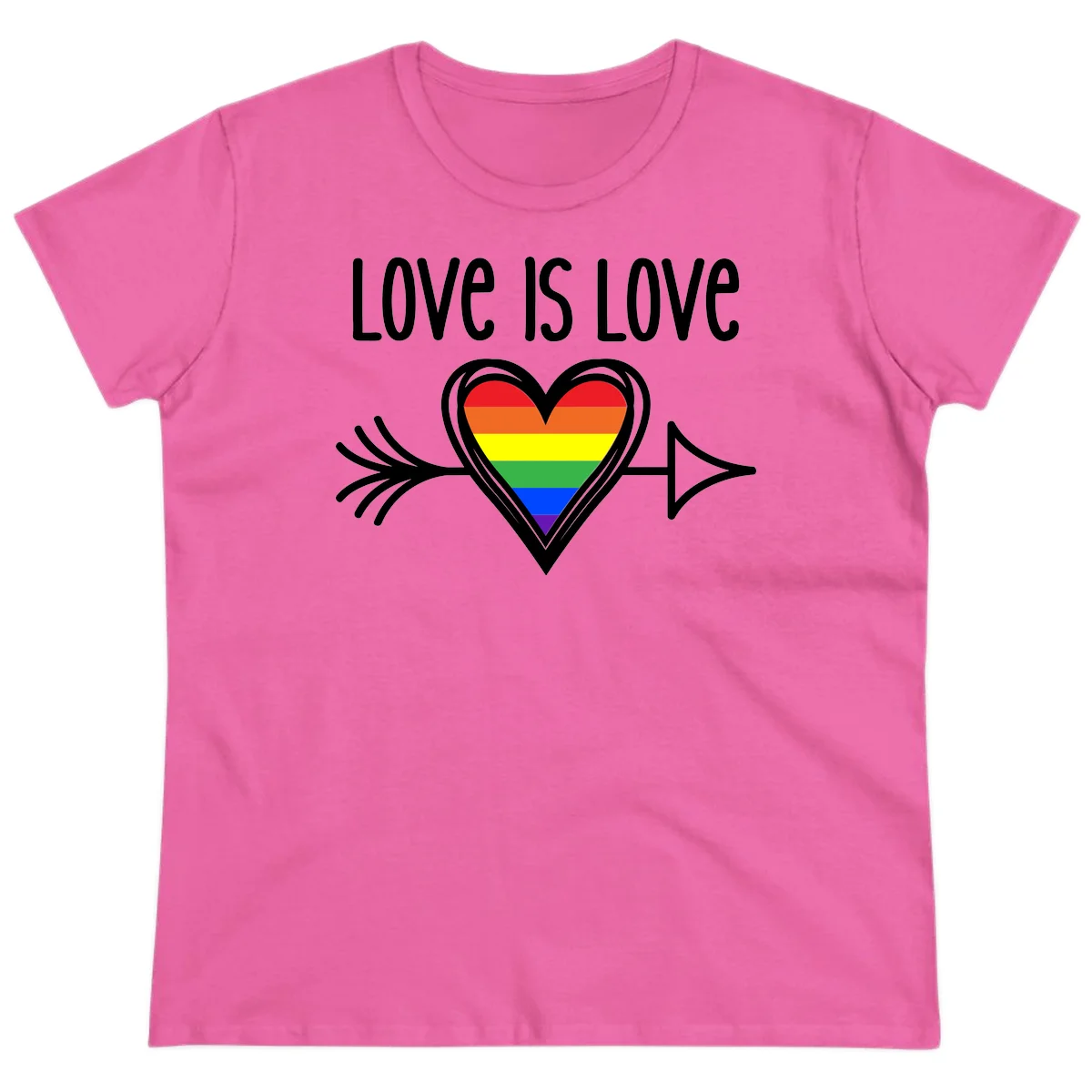 Love is love pride design featuring a white heart outline with rainbow-colored heart inside and decorative wing flourishes on gray background in Azalea